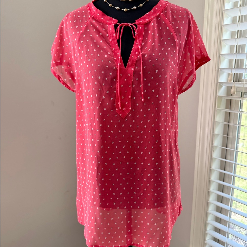 Liz Claiborne Hot Pink Dot Tie-Neck Chiffon Blouse